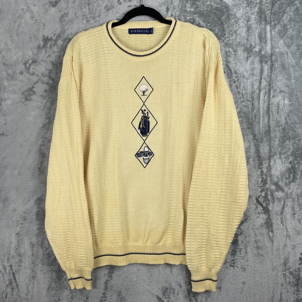 Pinnacle Grandpa Sweater Mens Large Yellow Golf Knit Vintage USA‎ Preppy Beachy
